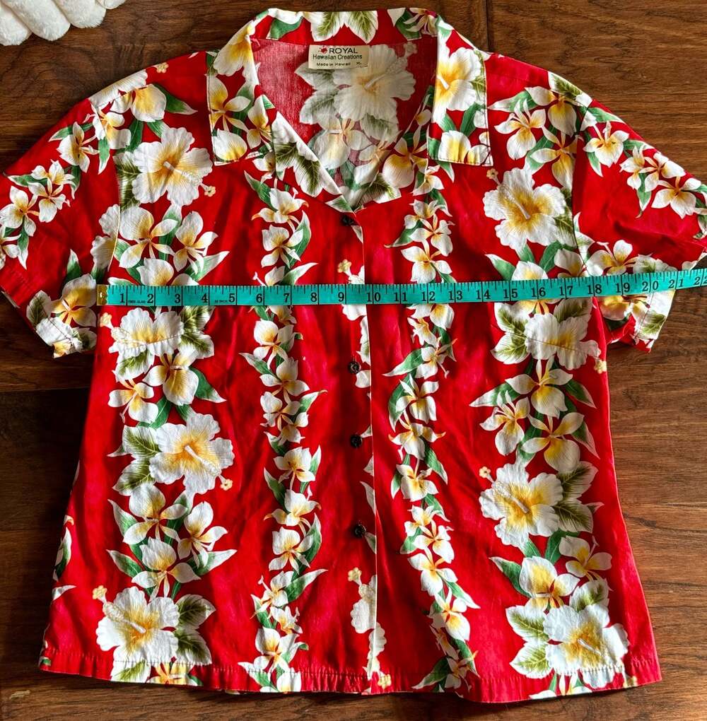 Royal Hawaiian Creations Red Hibiscus Plumeria Floral Aloha Shirt XL
